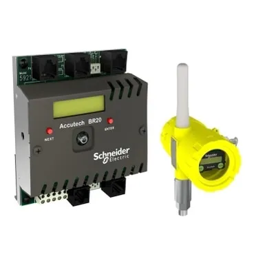 The Schneider Electric Accutech wireless instrumentation system, showing the BR20 base radio unit next to a yellow wireless field transmitter with an antenna.
