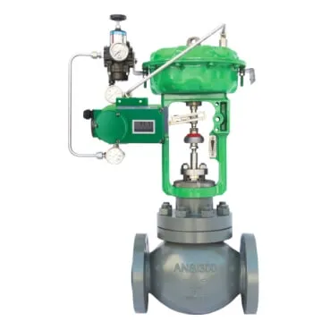 A complete industrial control valve assembly, featuring a green diaphragm actuator, a digital positioner, and gauges mounted on a heavy-duty ANSI 300 globe valve.