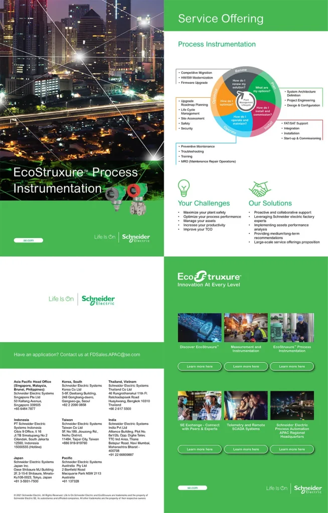 A quick reference guide for Schneider Electric's EcoStruxure Process Instrumentation, detailing the service offerings, solutions, and Asia Pacific contact information.