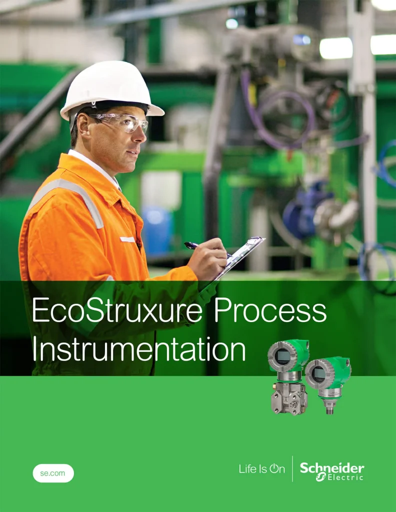 The cover for the "EcoStruxure Process Instrumentation" brochure, showing an engineer in a helmet inspecting equipment in a plant, with images of two pressure transmitters below.