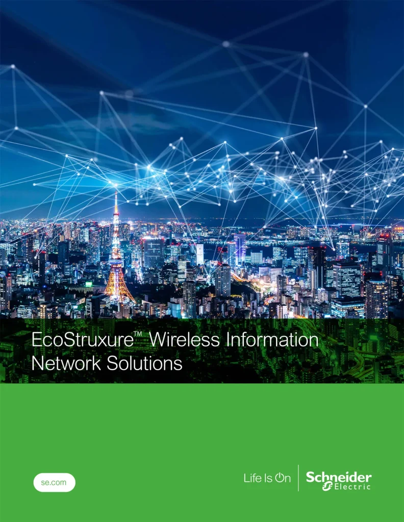 The cover of the "EcoStruxure Wireless Information Network Solutions" brochure, featuring a graphic of a digital network overlaid on a nighttime cityscape to represent smart city technology.