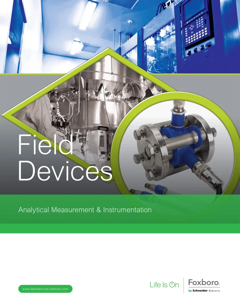 The cover of the Foxboro "Field Devices" brochure for analytical measurement and instrumentation, showing a collage of images from industrial and laboratory environments.