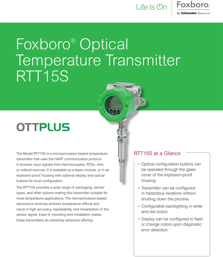 A datasheet for the "Foxboro Optical Temperature Transmitter RTT15S." It includes a product image and describes its features.