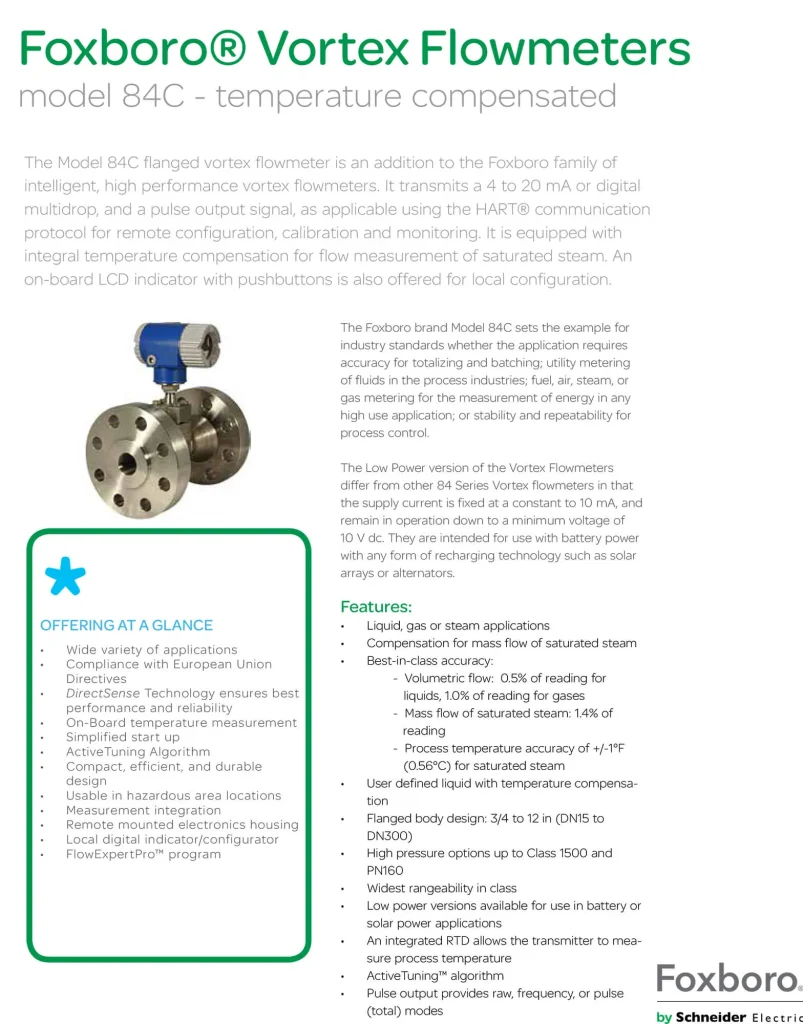 A datasheet for the "Foxboro Vortex Flowmeters model 84C," showing the flanged flowmeter and providing an extensive list of its features and applications.