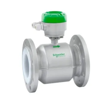 A Schneider Electric magnetic flow meter, featuring a flanged body with a white liner and a compact transmitter head with a bright green top.