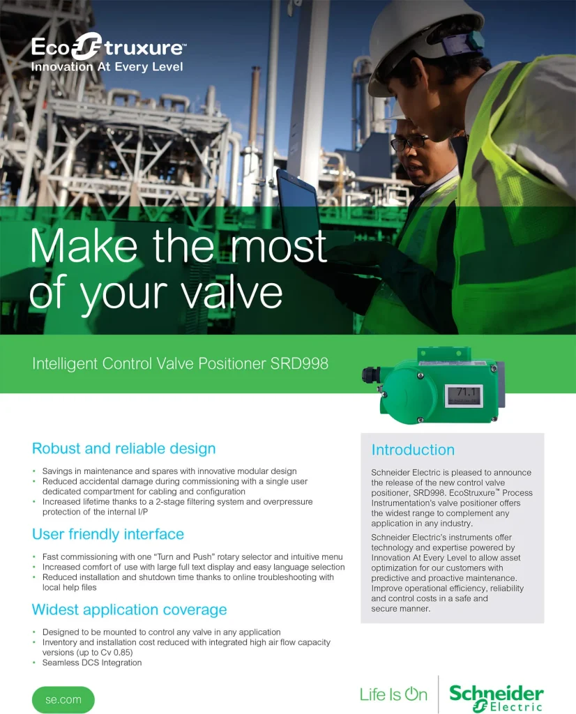 A brochure for the Schneider Electric "Intelligent Control Valve Positioner SRD998." The cover shows engineers working in an industrial plant and highlights the product's key features.