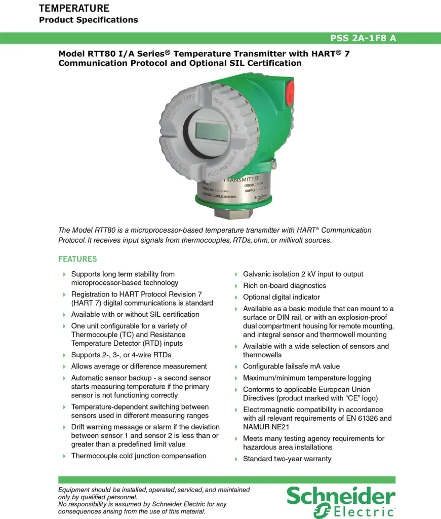 The product specification sheet for the Schneider Electric "Model RTT80 I/A Series Temperature Transmitter," showing an image of the green, explosion-proof device and a detailed list of its features.