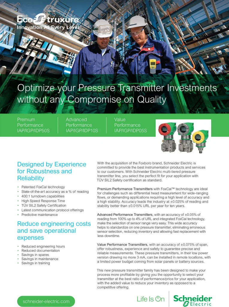 A brochure for Schneider Electric's pressure transmitter line, featuring two engineers in a plant. The document outlines the benefits of their Premium, Advanced, and Value performance tiers on IAP/IGP/IDP-50S,10S,05S.