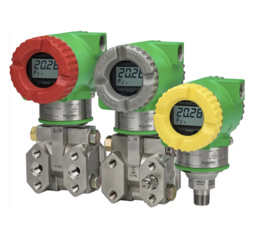 Three Schneider Electric pressure transmitters shown side-by-side, each with a green body but distinguished by red, grey, and yellow bezels around their digital displays.