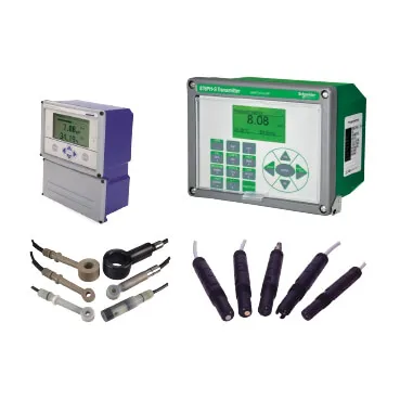 A collection of process analytical instruments, including two different digital transmitters and an assortment of toroidal conductivity sensors and pH/ORP electrode sensors.