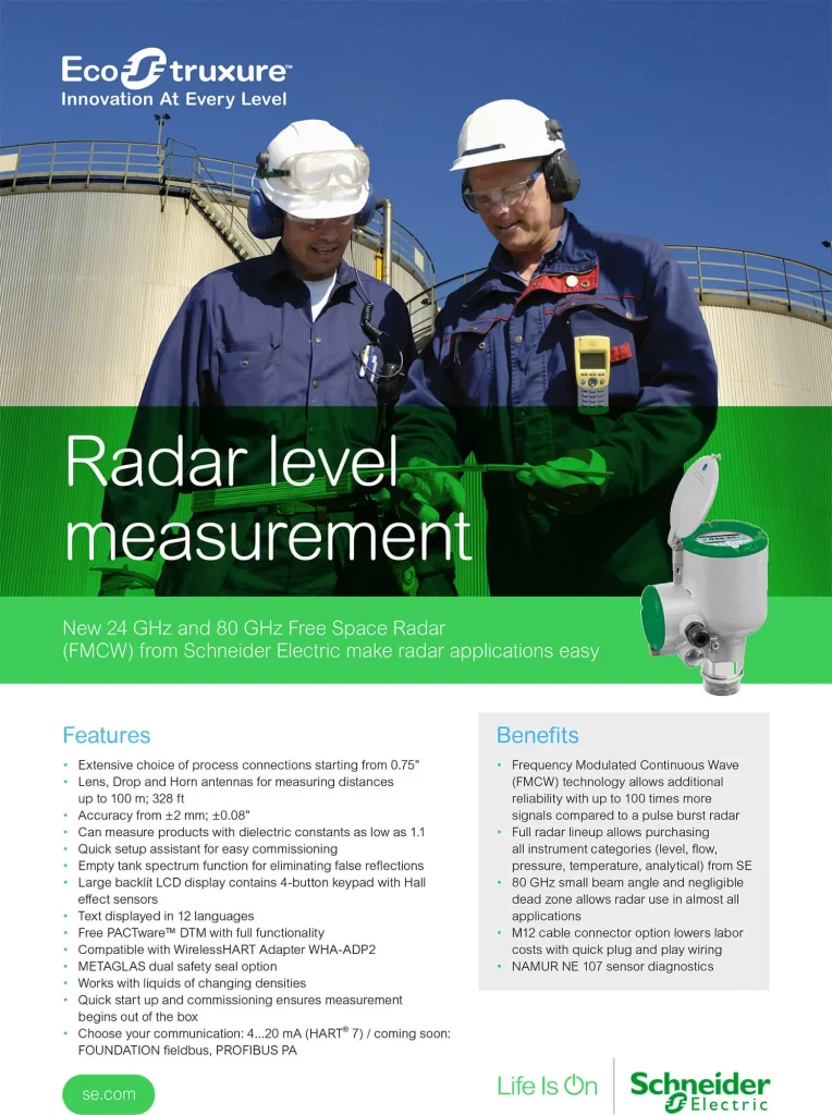 A brochure for Schneider Electric's radar level measurement solutions- Free Space Radar(FMCW) from Schineider Electric, with a cover image of two engineers on an industrial tank and a list of product features and benefits.