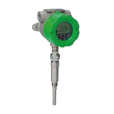 A field-mount industrial temperature transmitter with a digital display reading "23.83°C," connected to a stainless steel thermowell and probe.