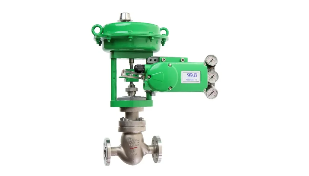 A complete industrial control valve assembly featuring a green actuator and a smart positioner with a digital display, mounted on top of a stainless steel flanged globe valve.
