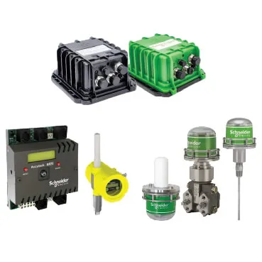A composite image displaying a variety of Schneider Electric's wireless industrial network products, including wireless gateways, a base radio, and several different types of wireless sensors.