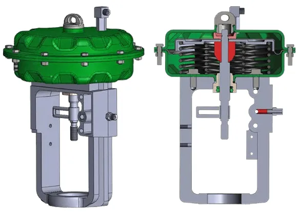 An image displaying the ASP-10 spring return actuator from two angles: an external view and a cross-section that reveals the internal spring and diaphragm mechanism.