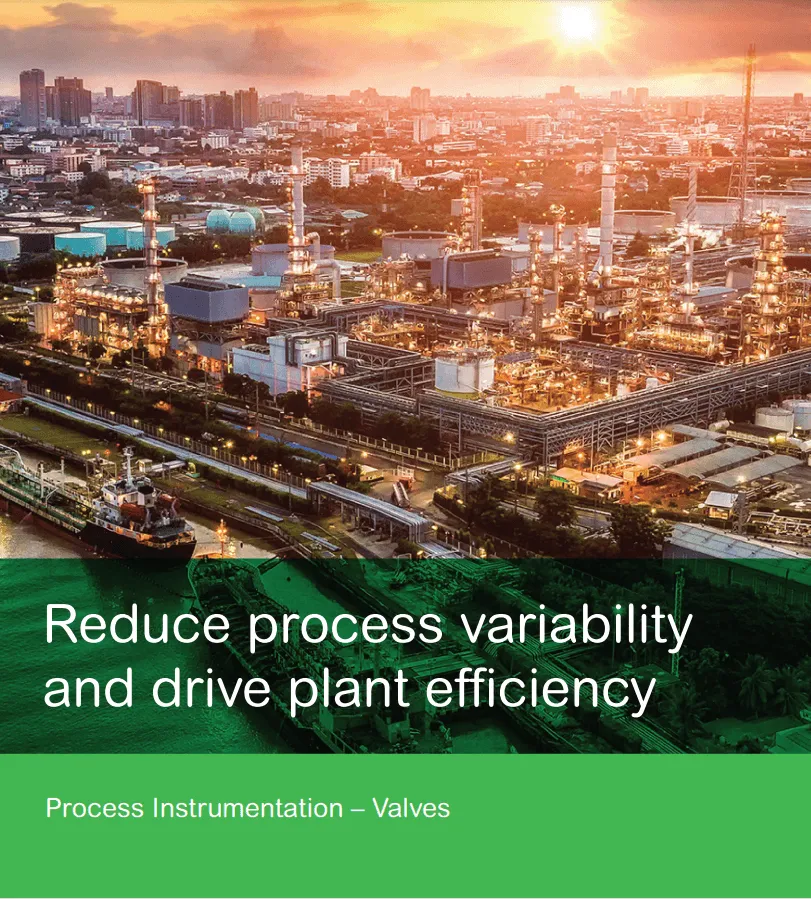 A brochure cover with an aerial view of a large, illuminated industrial plant at sunset, overlaid with the text "Reduce process variability and drive plant efficiency."