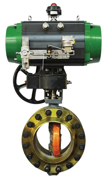 A front-on view of a large TVT-60 industrial butterfly valve, featuring a heavy-duty green and black pneumatic actuator with a manual override handwheel.