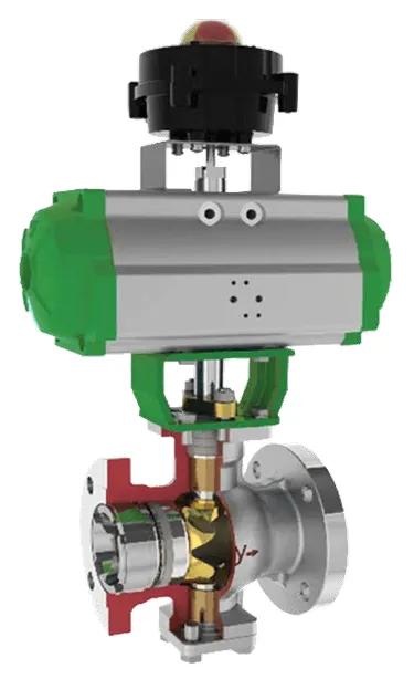 A cutaway illustration of a VTX-90 flanged ball valve, showing the internal ball mechanism. The valve is attached to a silver and green pneumatic actuator with a position indicator on t